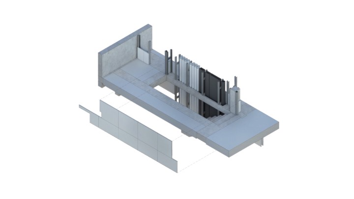 Esploso assonometrico nodo di integrazione strutturale, impiantistico e di finitura (Six Villas Complex _officina23_)